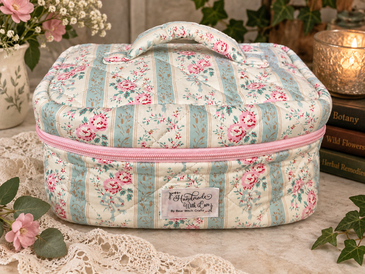 Large boxy travel bag, double pink zip roses and blue