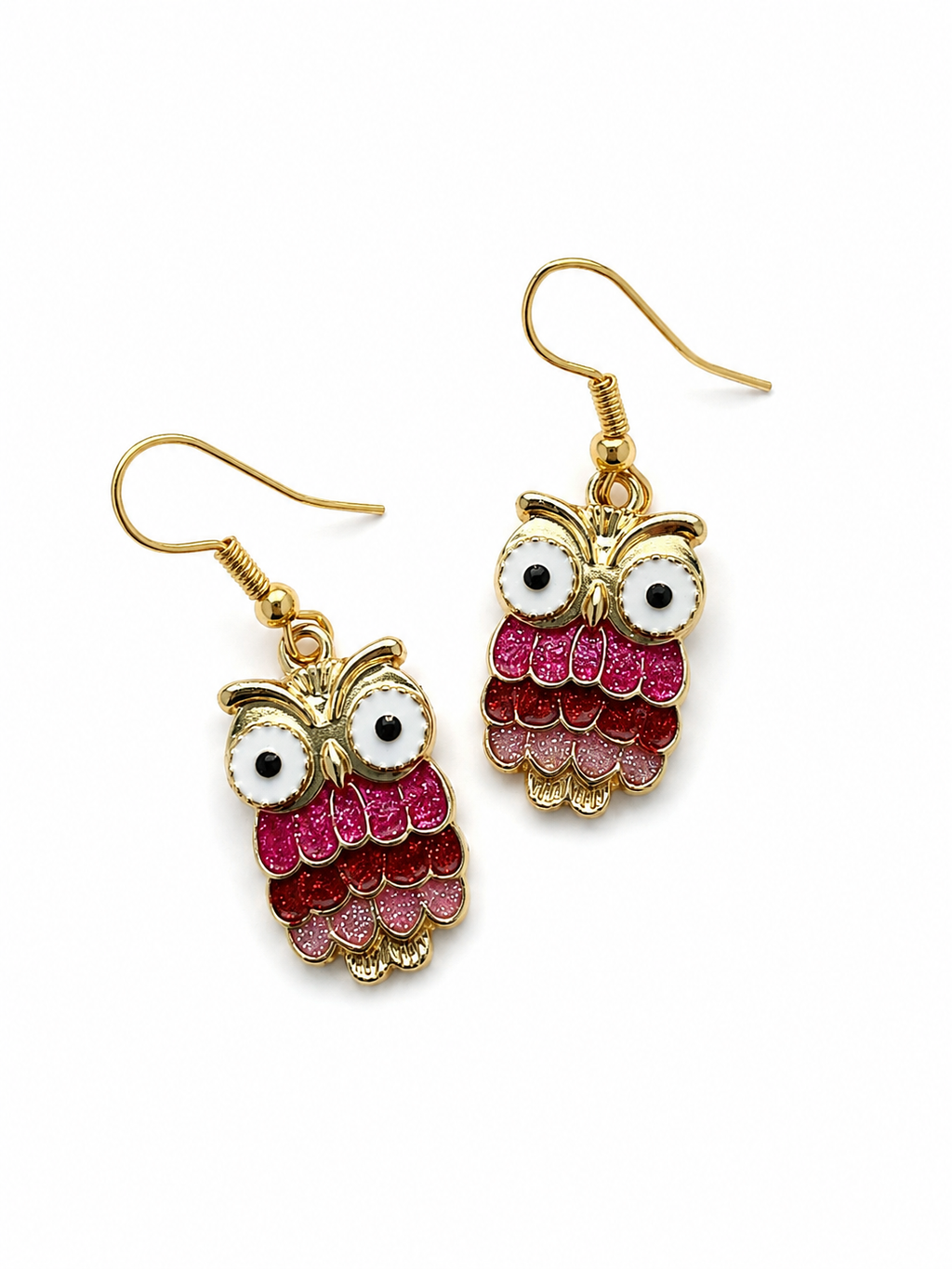 Pink and golden owl earrings