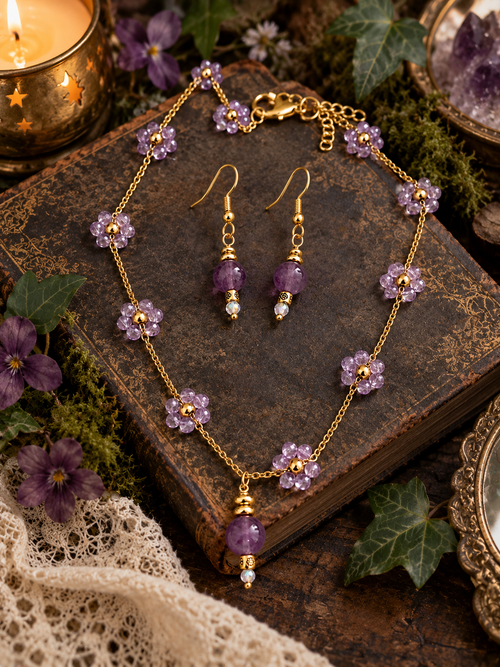 Amethyst purple necklace and earrings set