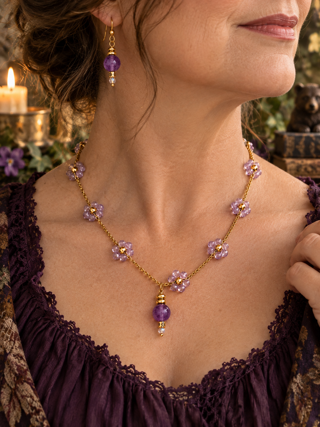 Amethyst purple necklace and earrings set