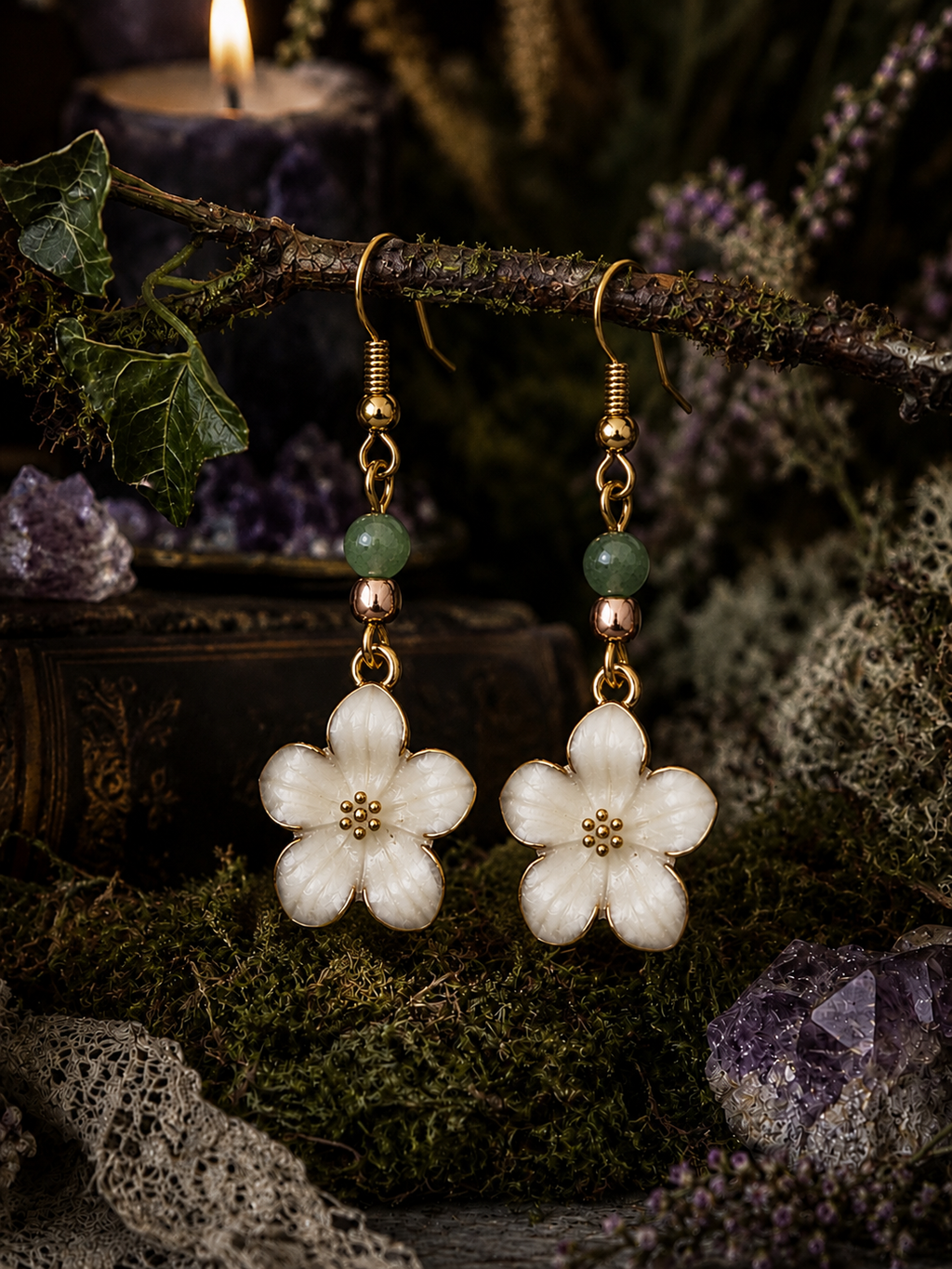 Daisy drop enamel earrings with gold tone spacers and green glass beads