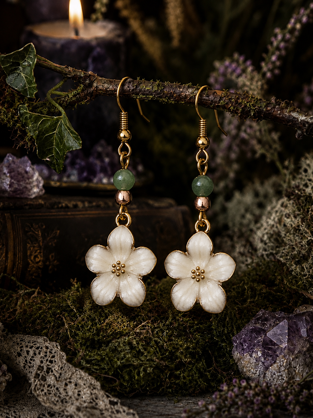 Daisy drop enamel earrings with gold tone spacers and green glass beads