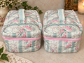 Large boxy travel bag, double pink zip roses and blue