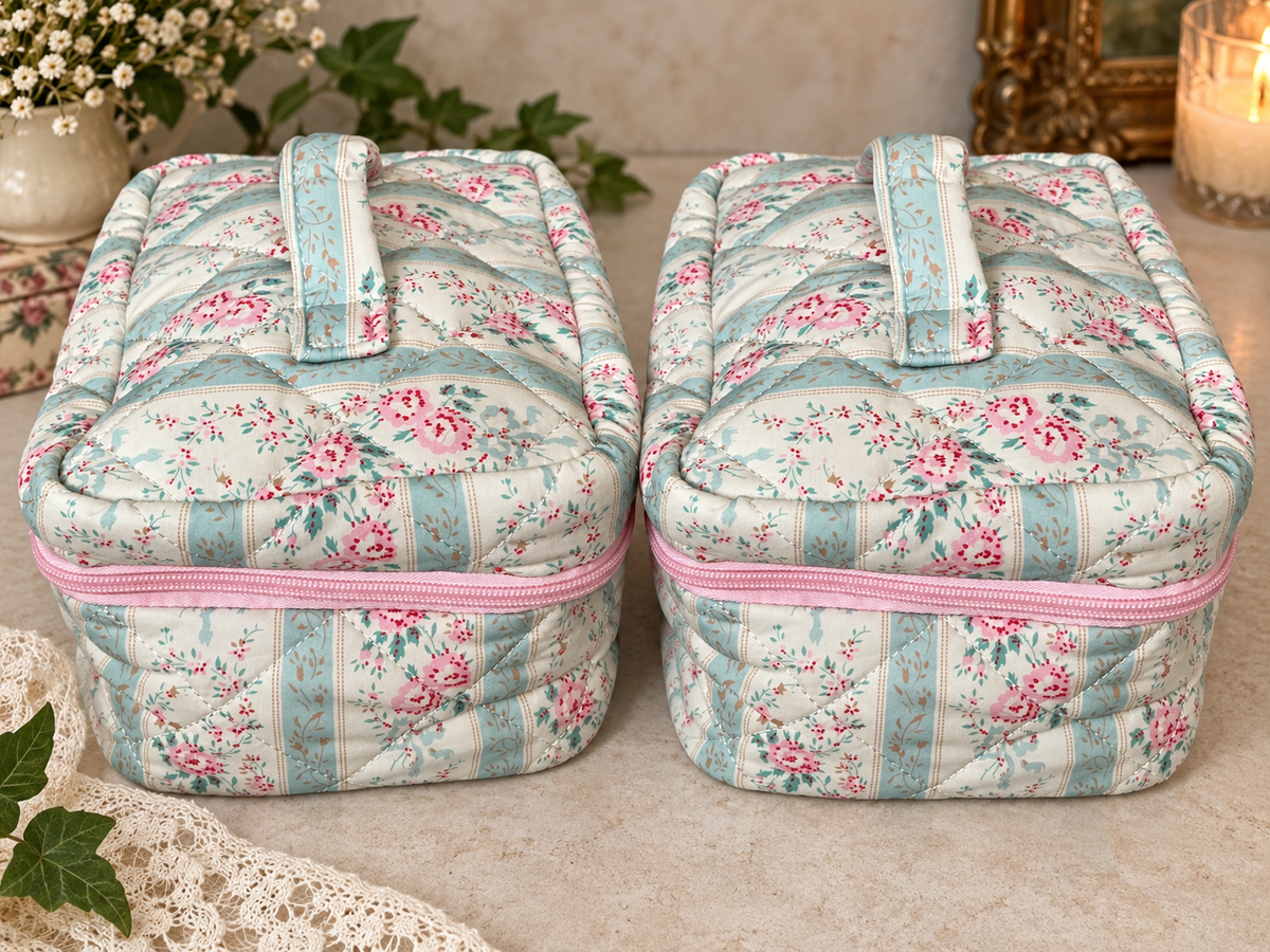 Large boxy travel bag, double pink zip roses and blue