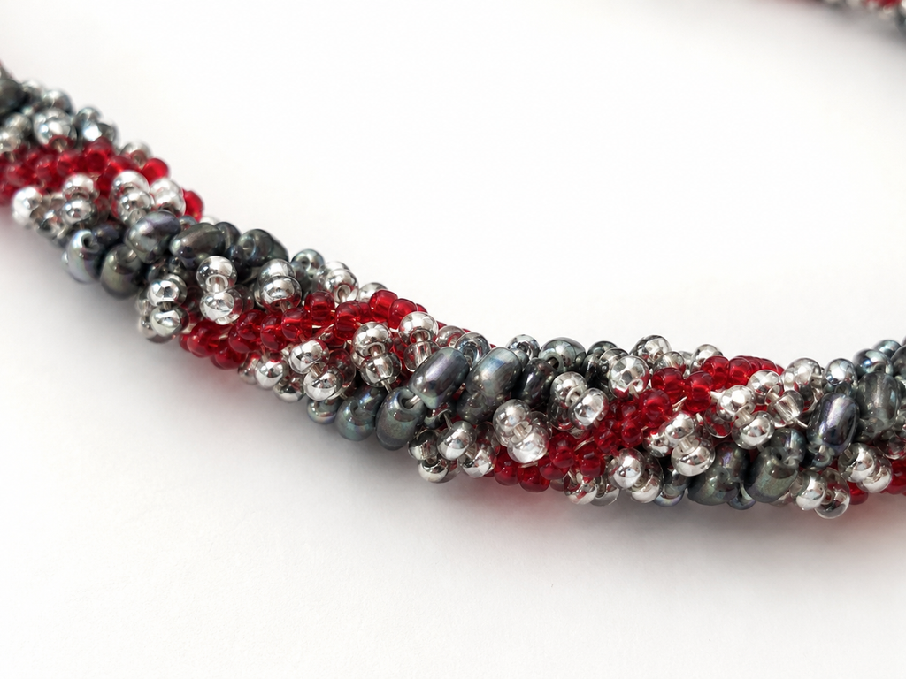 Beaded silver grey and deep red hand beaded necklace