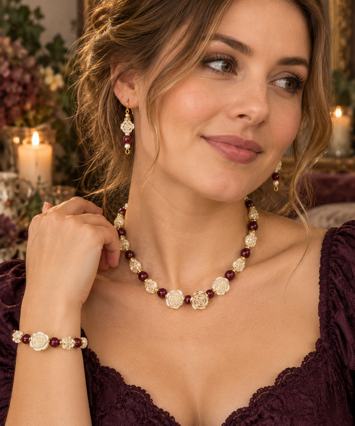 Rose, plum agate jewellery set
