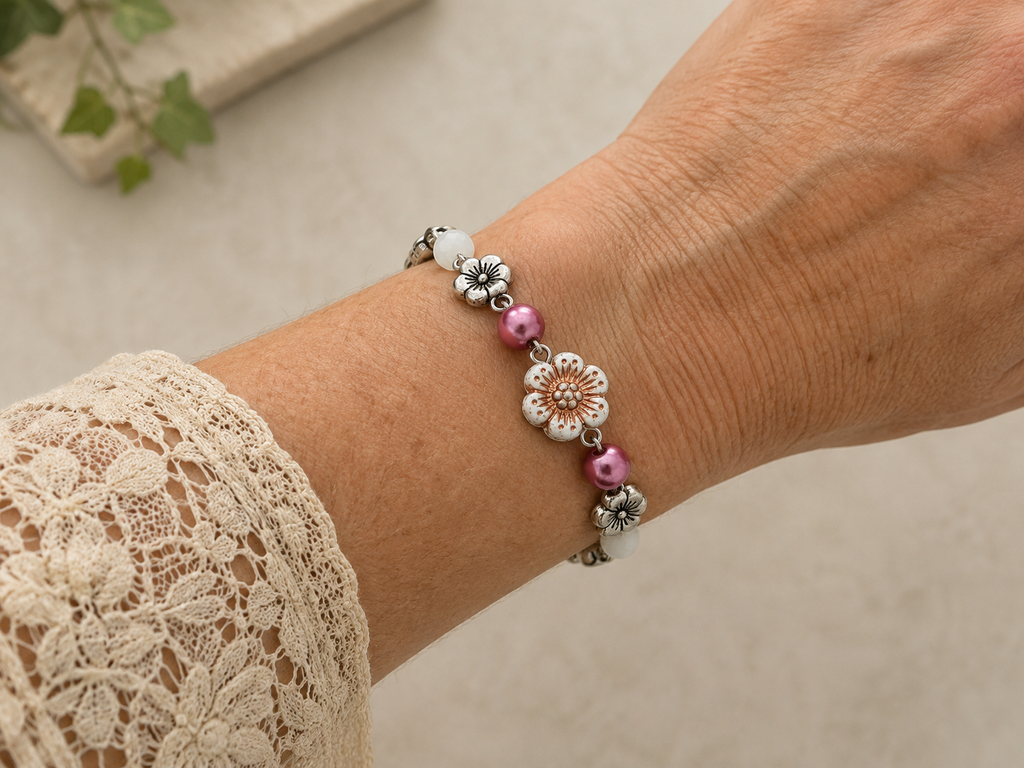 Floral pink bead bracelet on flower chain