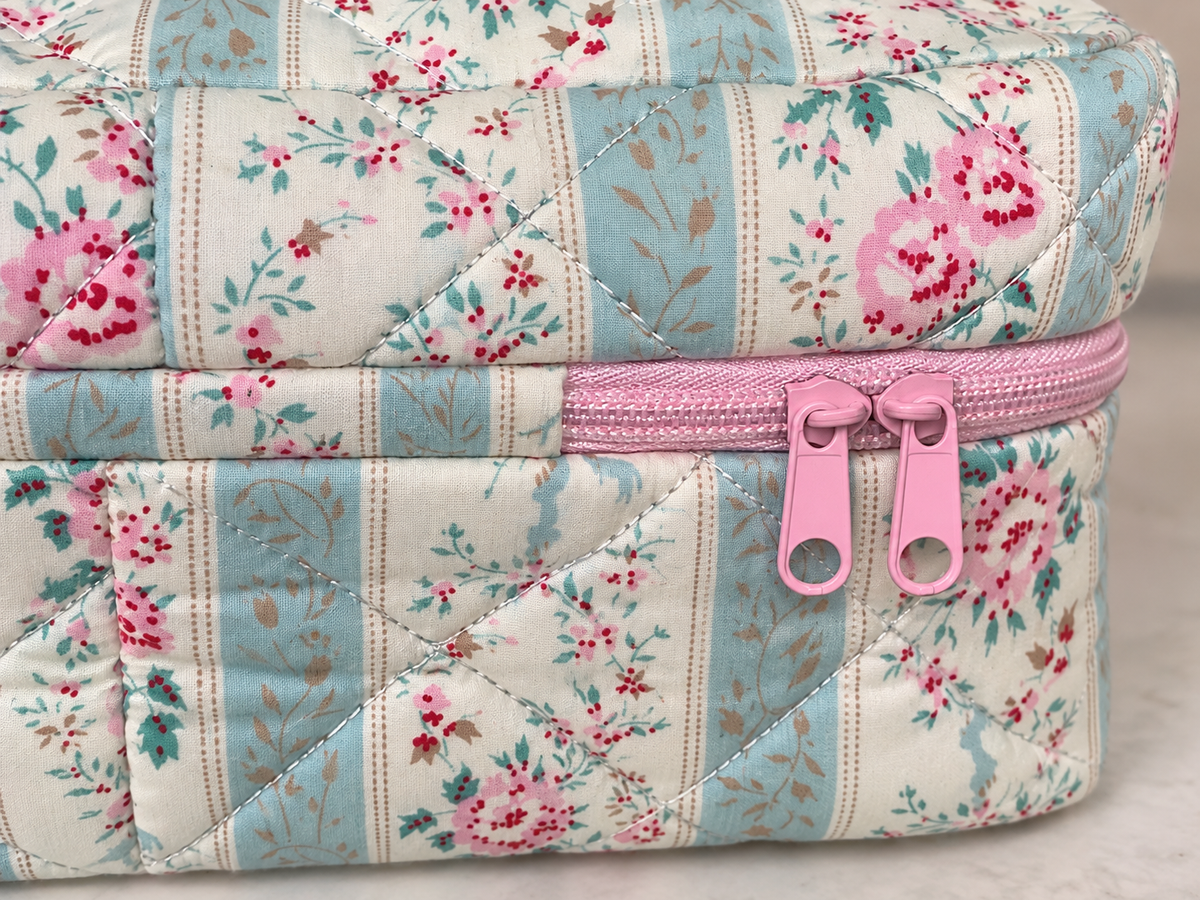 Large boxy travel bag, double pink zip roses and blue