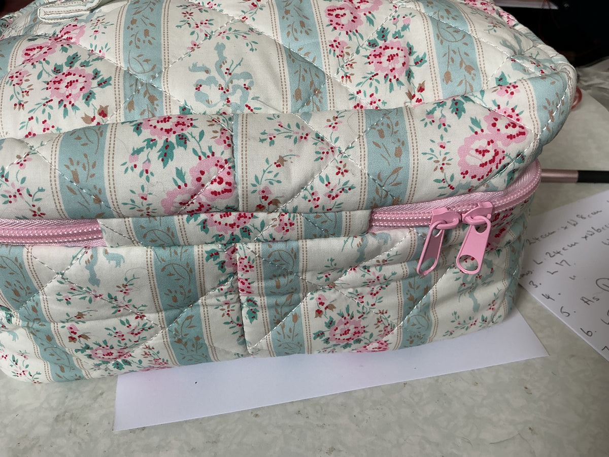 Large boxy travel bag, double pink zip roses and blue